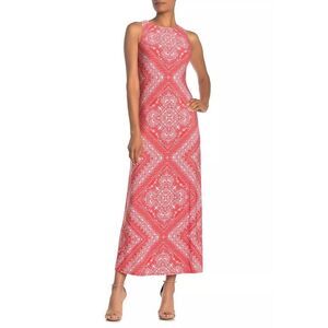 Eliza J Maxi Dress 4 Red Geo Bandana Print Sleeveless Stretch Jersey Feminine